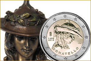 550 Aniversario de la muerte de Donatello en 2 euros de Italia