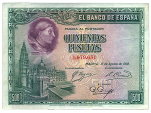 Cardenal Cisneros en el billete de 500 pesetas de 1928
