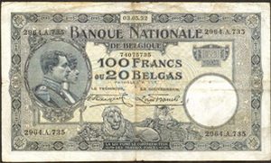 Bélgica 100 francos 1927 vs. 100 francos/20 belgas 1932