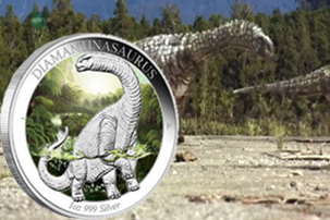 Diamantinasaurus australiano del periodo Cretácico en una onza de plata