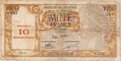Argelia 1.000 francos 1957 vs. 1.000 Francos-10NF 1958 vs. 10NF 1960