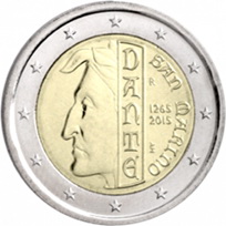 750 Aniversario del nacimiento de Dante Alighieri en 2 euro de San Marino