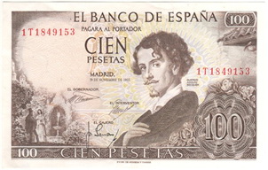 100 pesetas de 1965 serie 1T, última emitida
